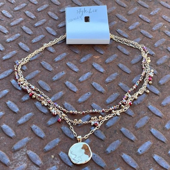 Style & Co. Necklaces Gold plated Multi Rows Faceted Beads Hammered Coin Pendant - Picture 7 of 12